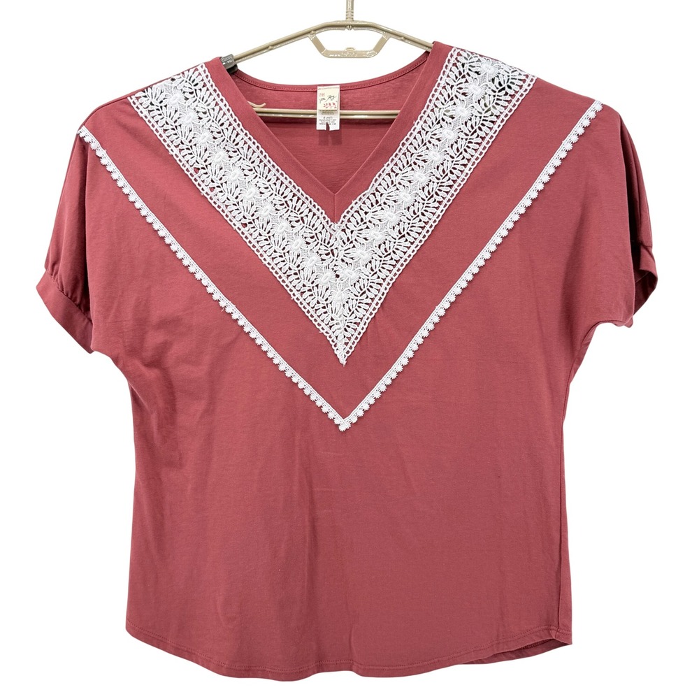 7th Ray Crochet Lace V-Neck Top Women Medium Terracotta‎ Excellent Boho Cotton